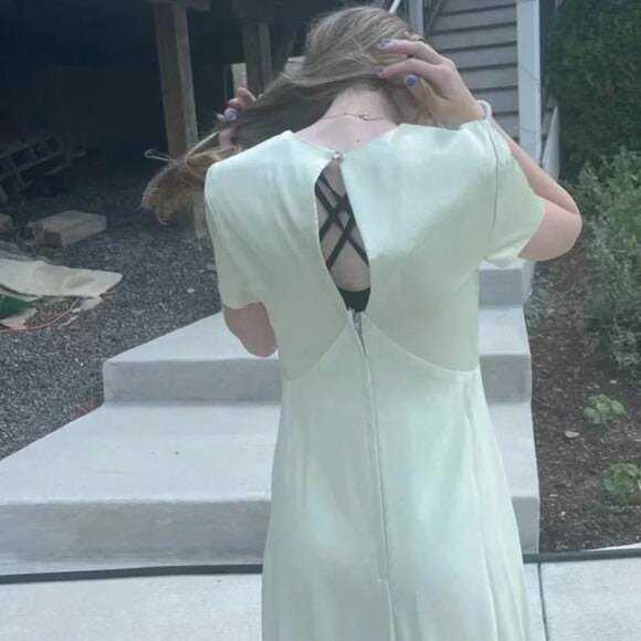 Vintage 1990s Satin Formal Maxi Dress – Light Green, Keyhole & Jewel Clasp, Size - Picture 10 of 10